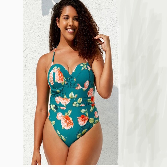 Cupshe Other - Green Floral Moulded Cups Plus Size One Piece Swimsuit
